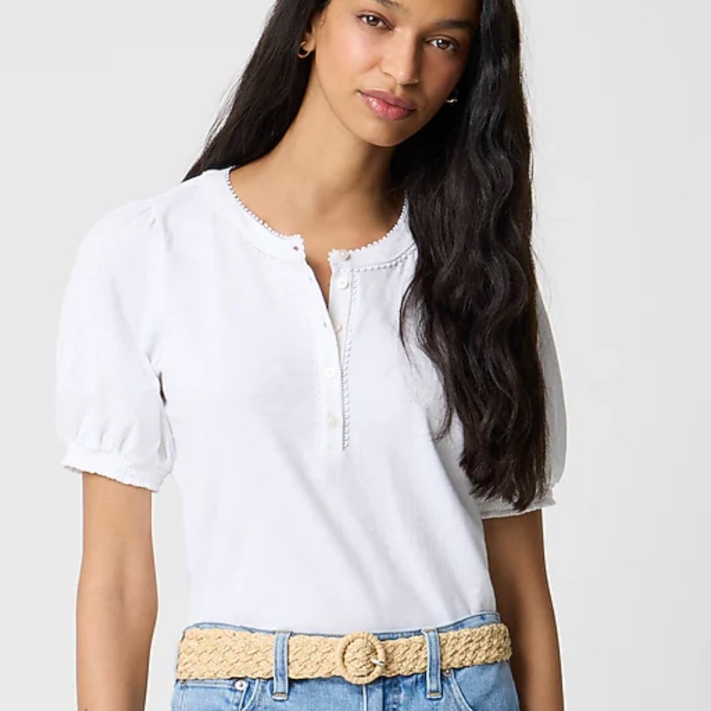 NEW J.Crew Factory Smocked Henley Knit Top Puff Sleeves White Cotton Size‎ Large